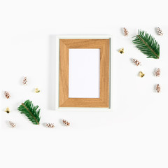 Festive composition of Christmas decorations on white background.