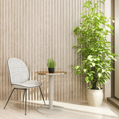 3d rendering minimal tea room near wood terrace