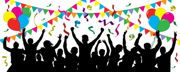 Crowd of fun people on party, holiday. Cheerful event. People having fun celebrating. Balloons, ribbons, confetti. Festive mood of people. Applause people hands up. Silhouette Vector Illustration