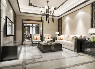 3d rendering chinese classic living room with leather sofa