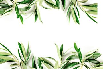 A photo of a frame of olive tree branches and leaves with copy space, shot from the top on a white...