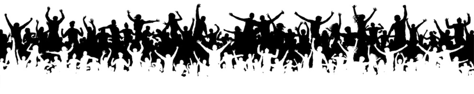 Crowd of fun people on party, holiday. Cheerful people having fun celebrating. Sporting event. Panorama of jubilant youth. Applause people hands up. Silhouette Vector Illustration