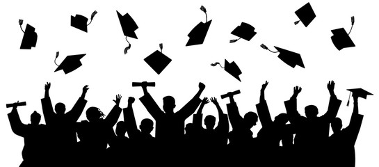 Fototapeta Graduated at university, college. Crowd of graduates in mantles, throws up the square academic caps. Cheerful people silhouette vector obraz