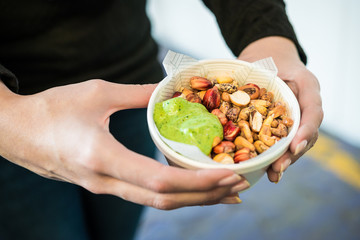 Different kinds of fried Andean corn maize with chilli sauce, a traditional Peruvian snack at a street food market fair festival 
