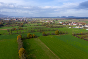 Fototapeta na wymiar European countryside from the air, village in pannonian plain, Dravsko polje, Slovenia