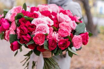 Big luxury bright bouquet in the hands of a cute girl. One hundred garden roses, varieties of David Austin. Three kinds of bright pink, scarlet and pastel colors. Autumn leaves in the Park.