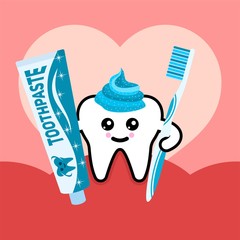 Health tooth with toothbrush and toothpaste vector illustration.