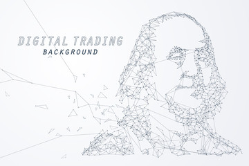 The portrait of Benjamin Franklin by edge and wire frame, digital currency and internet trading concept