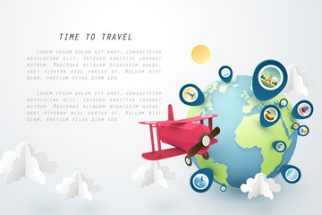Time to travel, Paper art of red airplane fly around the world and pinned landmarks