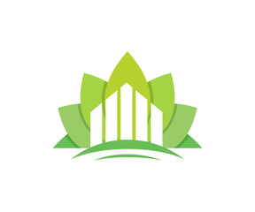 Green Leaf City Building Business Fresh Environment Logo Symbol Real Estate Growth Template Design Vector