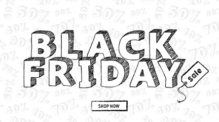 Black friday sale banner with hand drawn inscription on white background with different numbers of percents. Vector illustration.