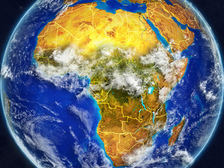 Africa on realistic model of planet Earth with country borders and very detailed planet surface and clouds.