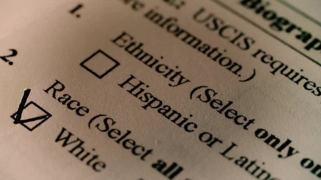 A pen marks a checkbox labeled white for ethnicity on a US immigration form