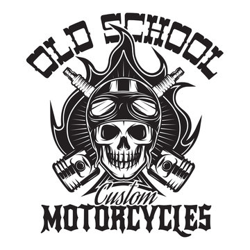Monochrome pattern in vintage style on motorcycle theme with a skull and fire on background