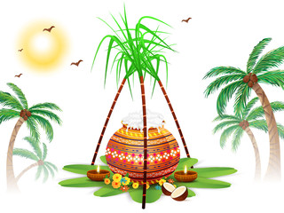 Template or flyer design decorated with traditional pot, sugarcane and religious offering on banana leaves for Happy Pongal, South Indian festival celebration.