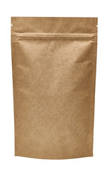 Craft paper pouch coffee  bag front and back view isolated on white background. Packaging template...