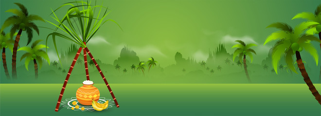 Nature view background with traditional pot and sugarcane on rangoli for religious festival Happy Pongal celebration. Website header or banner design.