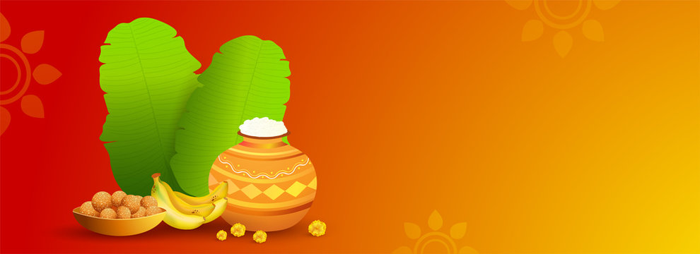 Social media banner or header design with traditional pot, sweets and  banana leaves on orange floral background for Happy Pongal harvest festival  celebration. Stock Vector | Adobe Stock