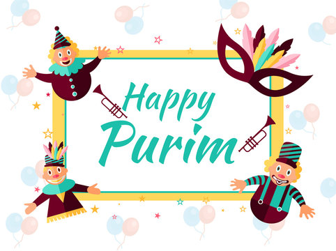 Happy Purim greeting card design with funny jesters and masquerade on balloons decorated background for Jewish Holiday celebration.