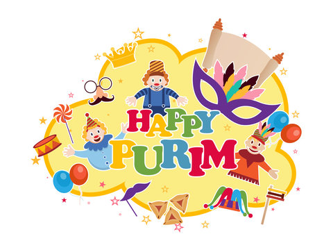 Happy Purim party template or greeting card design with masquerade, props and funny jesters on white background.