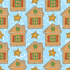 Seamless Pattern with Gingerbread House