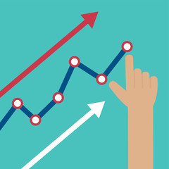 Human hand pointing at growing business graph. Budget planning concept vector