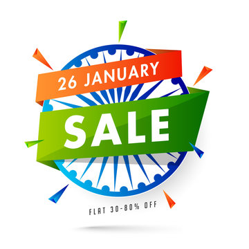 Sale label or poster design with Ashoka Wheel and 30-80% discount offer for 26 January Sale.