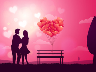 Valentine poster or greeting card design with young couple in love on heart decorated glossy pink background.