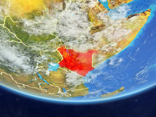 Kenya on realistic model of planet Earth with country borders and very detailed planet surface and clouds.