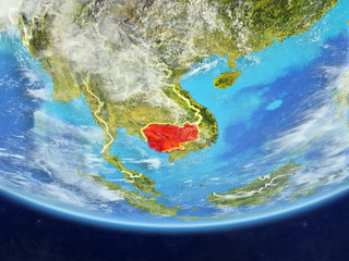 Cambodia on realistic model of planet Earth with country borders and very detailed planet surface and clouds.