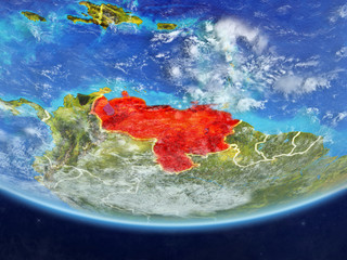 Venezuela on realistic model of planet Earth with country borders and very detailed planet surface and clouds.