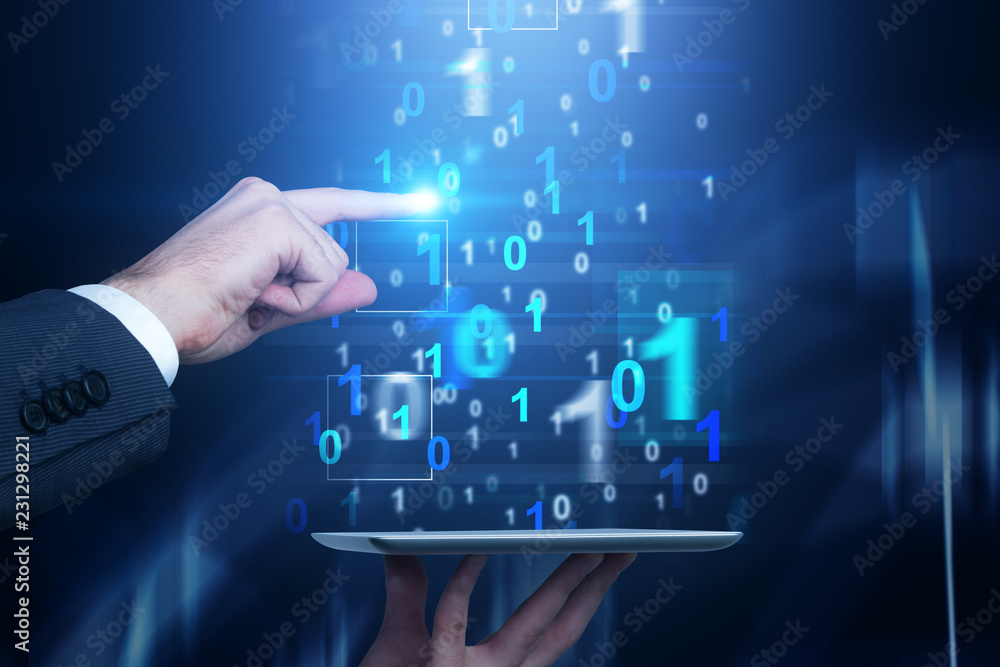 Poster man with tablet pointing at binary code