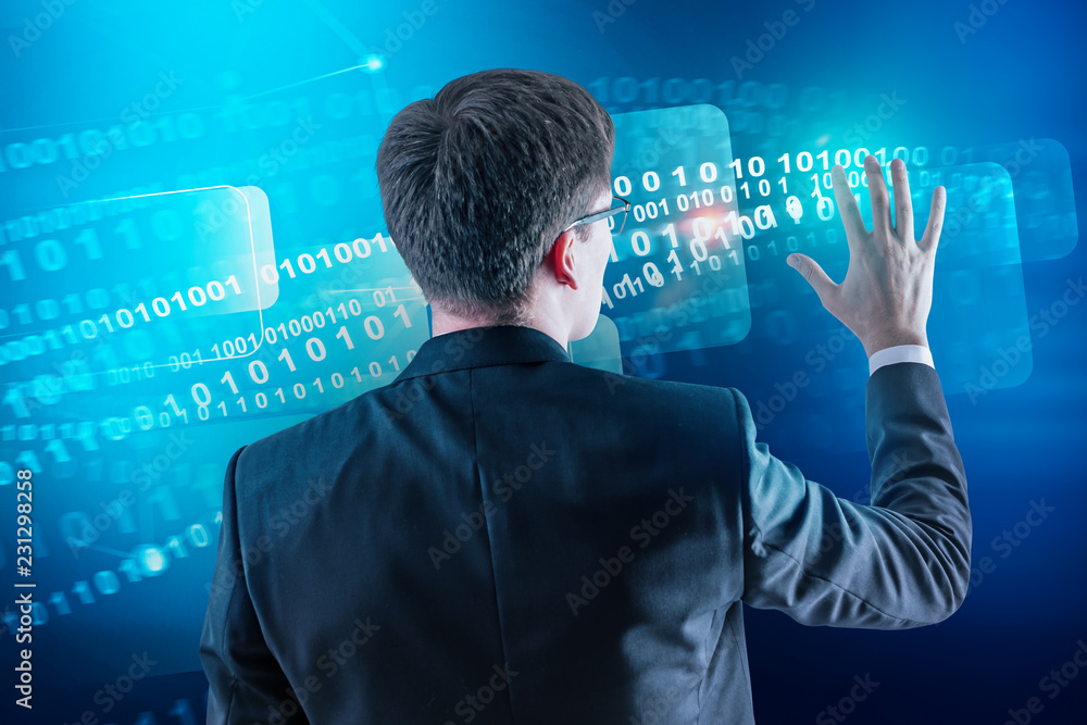 Poster man in glasses using binary numbers interface