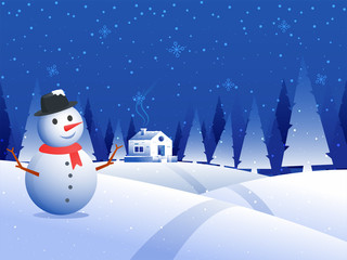Illustration of snowman with snow capped house on winter background. Can be used as greeting card design.