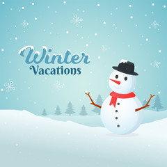 Winter Vacation greeting card design with illustration of snowman and xmas trees on snowfall background.