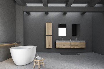 Gray bathroom interior, tub and sink side view