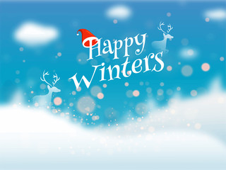Fototapeta na wymiar Lettering of Happy Winters on blurred snow capped winter background with.