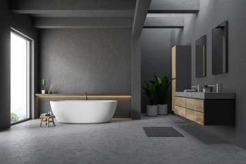 Gray bathroom interior, tub and sink