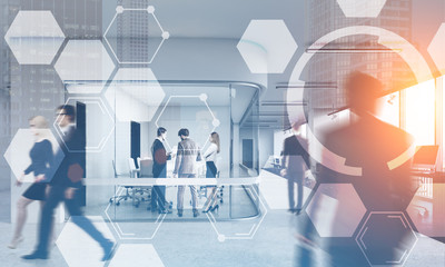Business people in office, hexagons