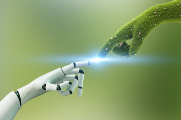 Grass hand touching robot hand, green