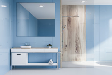 Sink and shower in blue bathroom interior
