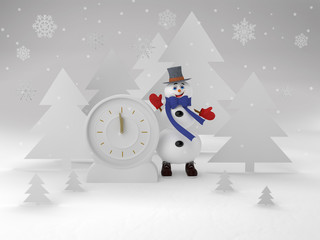 Christmas snowman with a clock between the trees. Winter background. 3D illustration.