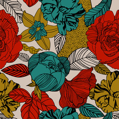 Print flowers and fruits. Tropical pattern.