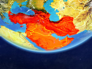 Western Asia on realistic model of planet Earth with country borders and very detailed planet surface and clouds.