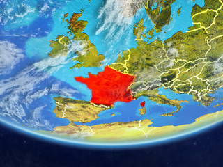 France on realistic model of planet Earth with country borders and very detailed planet surface and clouds.