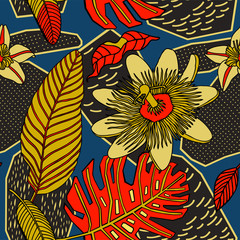 Print flowers and fruits. Tropical pattern.