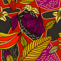 Print flowers and fruits. Tropical pattern.