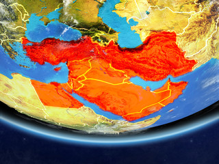 Middle East on realistic model of planet Earth with country borders and very detailed planet surface and clouds.