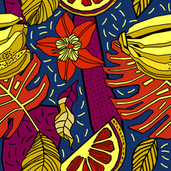 Print flowers and fruits. Tropical pattern.