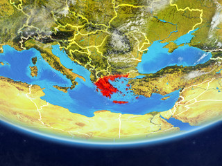 Greece on realistic model of planet Earth with country borders and very detailed planet surface and clouds.